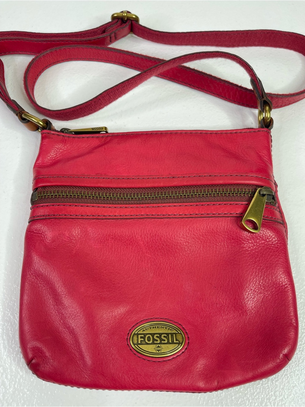 Fossil Red Leather Small Crossbody Bag Purse Brass Hardware